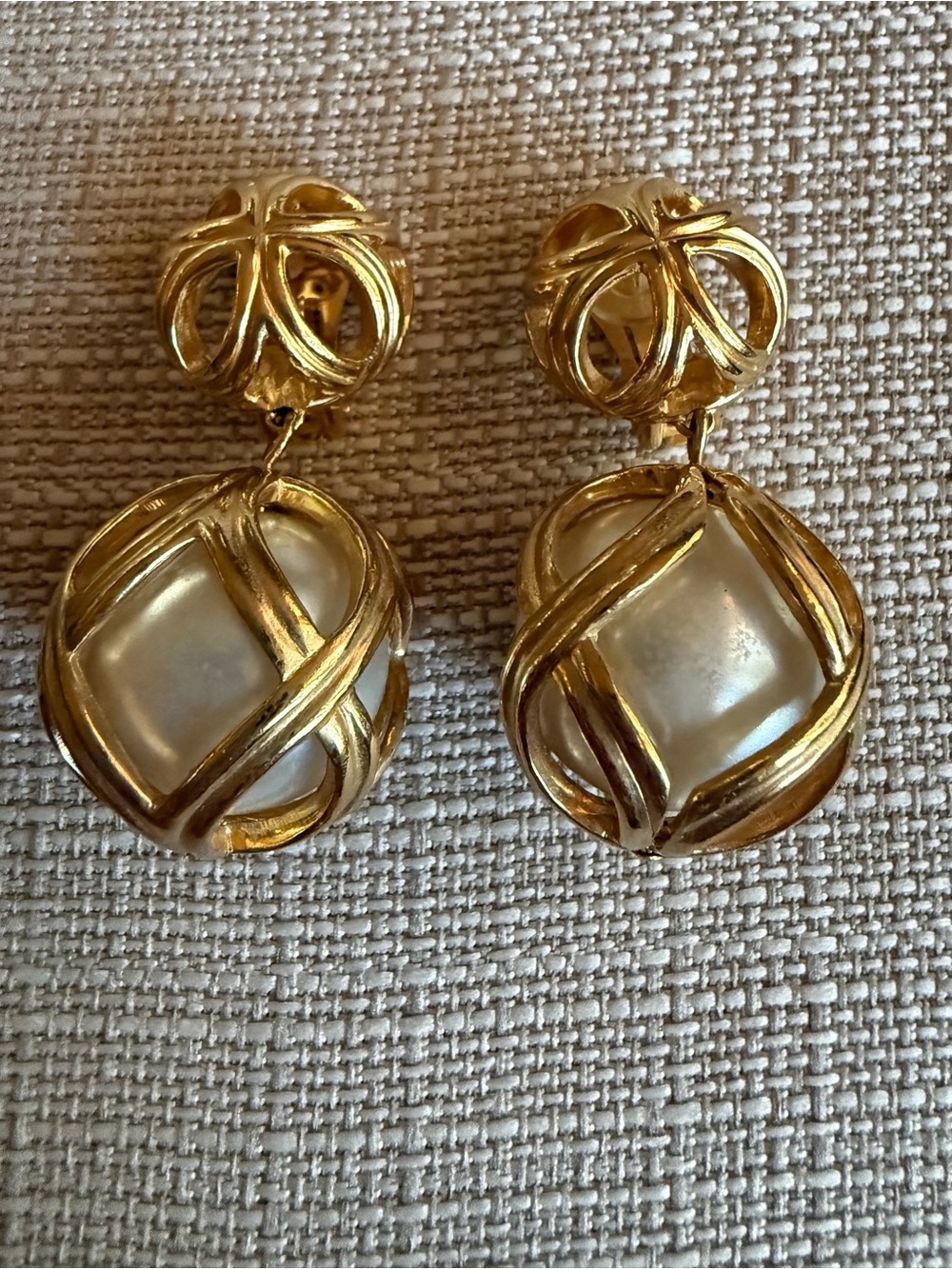 Vintage Christian Dior By Grosse Gold Pearl Cage Drop Clip On Earrings